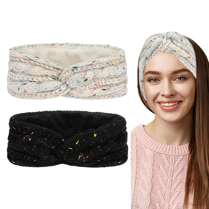 Cavetee Headbands, 2 Pieces Winter Hairbands for Women - Warm Wool Ear Muffs, Crochet Headbands for Women, Elastic for Women Girls - Image 1